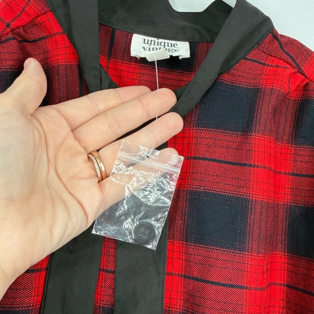 Unique Vintage Red Black Plaid Tie Neck Fit Flare Dress 10-12 Retro Rockabilly - Picture 4 of 5